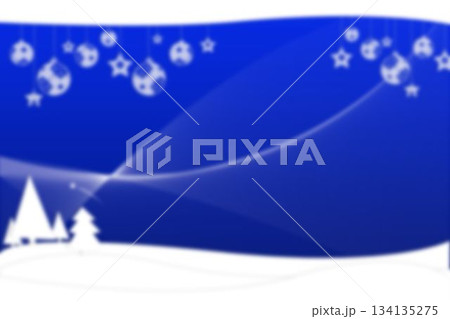 Flat design winter scene is showing pine trees on snow hills with celestial ornaments, wave lines 134135275