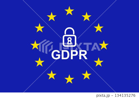 Displaying flat design GDPR padlock above GDPR text inside yellow EU star circle on blue background 134135276