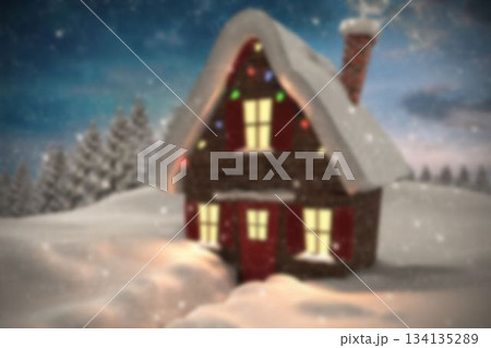 Wooden cabin is standing in snowy clearing at dusk, flat design with glowing windows, string lights Wooden cabin is standing in snowy clearing at dusk, flat design with glowing windows, string lights 134135289