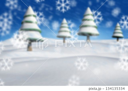 Snow-covered conifer tree standing in flat design winter landscape, with drifting large snowflakes 134135334