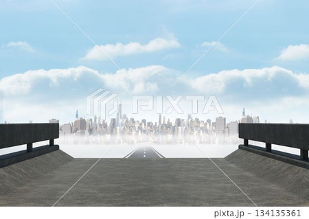 Concrete highway segment is stretching forward in flat design, ending in mist gap showing skyline 134135361