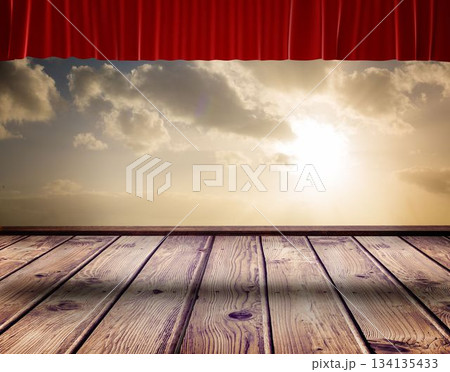 Flat design stage is showing wooden planks and featuring red velvet curtain under sunlit clouds 134135433