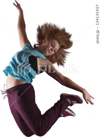 Woman jumping against white background, wearing turquoise top, burgundy sweatpants, tossing hair Woman jumping against white background, wearing turquoise top, burgundy sweatpants, tossing hair 134135437