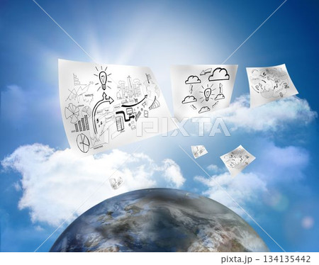 Brainstorm pages flying above earth 134135442