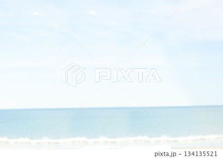 Calm ocean horizon line is dividing turquoise sea and sky with sandy shoreline in flat design 134135521