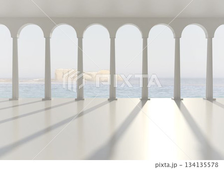 Coastal pavilion showing flat design with white fluted columns and arches, calm sea beyond 134135578