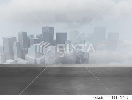 Concrete rooftop platform is showing dense fog shrouding skyscraper skyline in flat design Concrete rooftop platform is showing dense fog shrouding skyscraper skyline in flat design 134135797