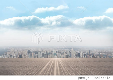 Flat design illustration showing wooden deck planks leading toward urban skyline under cloudy sky Flat design illustration showing wooden deck planks leading toward urban skyline under cloudy sky 134135812