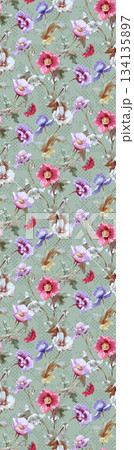 Assorted floral geometric and heart pattern panel designs in soft pastel colors 134135897