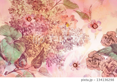 Assorted floral geometric and heart pattern panel designs in soft pastel colors 134136298