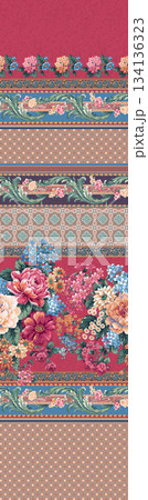 Assorted floral geometric and heart pattern panel designs in soft pastel colors 134136323