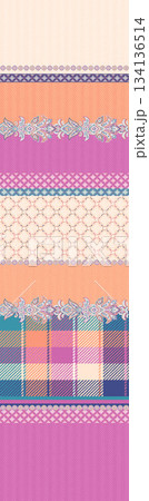 Assorted floral geometric and heart pattern panel designs in soft pastel colors 134136514