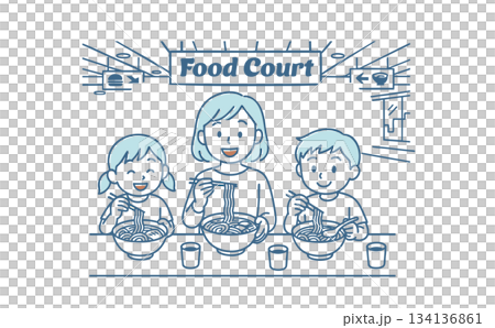 Mom and kids eating ramen at the food court Mom and kids eating ramen at the food court 134136861