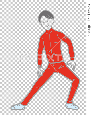 一名身穿紅色運動衫的年輕男子正在進行柔軟度練習 134136923