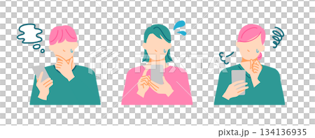 三個表情憂慮或不安的年輕人，一手拿著智慧型手機，插畫風格扁平化設計。 134136935
