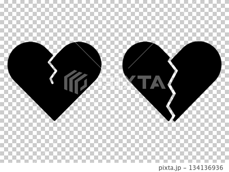 破碎的心形輪廓和黑色心形圖示集，象徵破碎的愛情 134136936