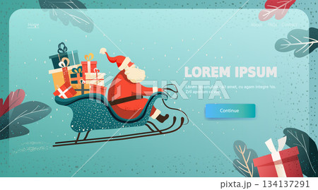 Santa Christmas sleigh full of gifts festive holiday scene snow background decorated leaves website landing page template 134137291