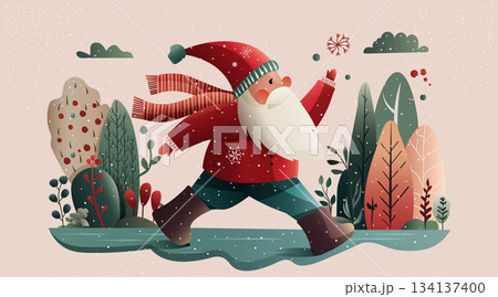 Santa Christmas winter holiday scene walking snowy forest stylized Santa Claus in red coat scarf playful snowflakes trees pastel colors seasonal landscape Santa Christmas winter holiday scene walking snowy forest stylized Santa Claus in red coat scarf playful snowflakes trees pastel colors seasonal landscape 134137400