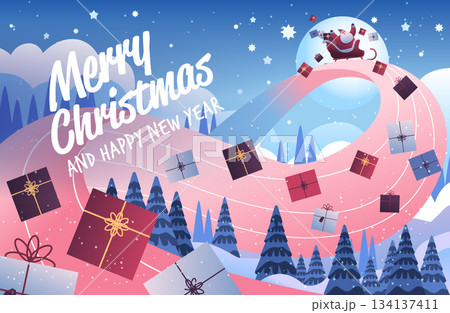Santa Christmas New Year 2026 celebration festive scene with Santa in sleigh throwing gifts over snowy landscape pine trees night sky stars 134137411