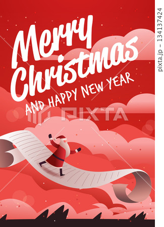Santa Christmas New Year 2026 celebration festive Santa walking on giant wish list over red clouds winter holiday scene abstract background 134137424
