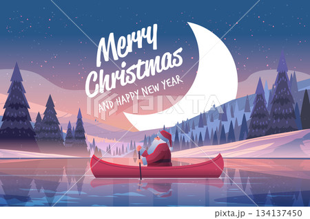 Santa Christmas New Year 2026 canoeing winter landscape moon snowy pine trees reflection festive evening outdoor holiday greeting 134137450