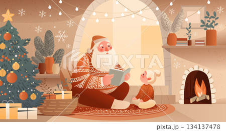 Santa Christmas cozy home story time holiday scene warm fireplace decorated tree gifts child listening festive interior lights modern flat design 134137478