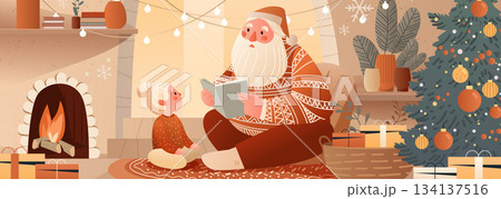 Santa reading Christmas story to child cozy holiday living room fireplace decorated tree gifts warm lights festive atmosphere home interior 134137516