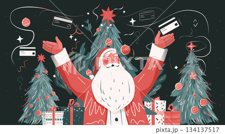 Santa Christmas shopping celebration New Year 2026 festive scene with gifts decorated trees credit cards confetti dark background holiday banner 134137517