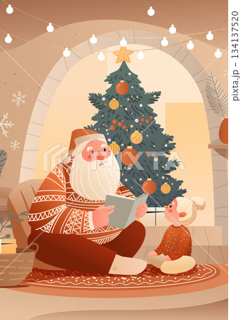 Santa reading Christmas story to child cozy living room decorated tree ornaments warm lights winter holiday home interior Santa reading Christmas story to child cozy living room decorated tree ornaments warm lights winter holiday home interior 134137520