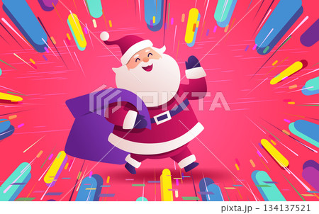 Santa Christmas celebration dynamic colorful festive scene cheerful cartoon character jumping with gift sack abstract shapes pink background website banner 134137521