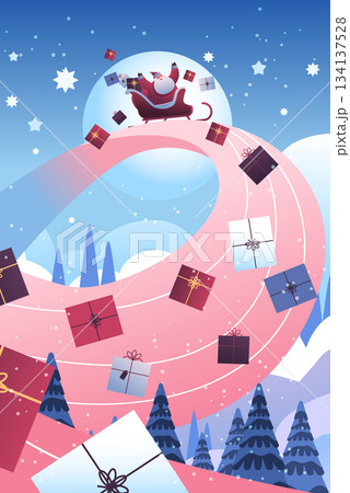 Santa Christmas New Year 2026 sleigh gifts celebration snowy landscape presents flying festive winter forest holiday background website banner 134137528