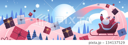 Santa Christmas celebration sleigh ride gifts winter landscape snowy night festive trees presents flying sky cartoon style 134137529