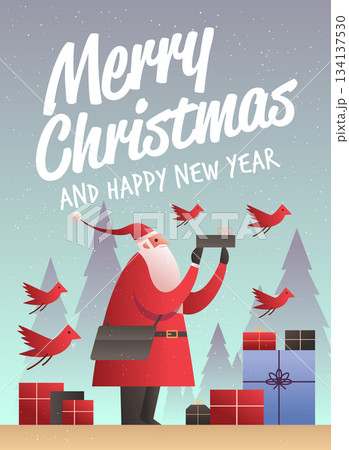 Santa Merry Christmas New Year 2026 celebration festive scene with Santa holding gift surrounded by red birds presents snowy forest background 134137530