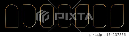 Thin golden frame set in art deco style. Luxury gold borders. Linear shining rectangle shape. Brass glowing shiny boarder element pack for photocard. Vector illustration isolated on black background Thin golden frame set in art deco style. Luxury gold borders. Linear shining rectangle shape. Brass glowing shiny boarder element pack for photocard. Vector illustration isolated on black background 134137836