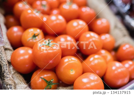 Close up of tomatoes at market stall 134137915