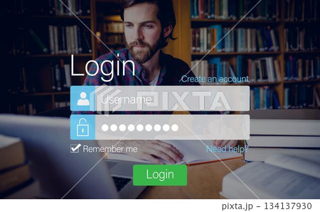 Login screen with hipster in library and laptop Login screen with hipster in library and laptop 134137930