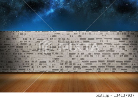Flat design is featuring polished floorboards leading into grey-white brick wall with cosmic sky 134137937