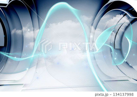 Neon teal ribbon is weaving through 3D futuristic space with metallic panels, clouds, particles 134137998