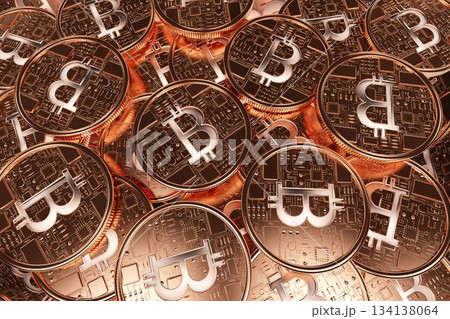 Central copper Bitcoin coin is hovering amid stacked coins in 3D render, showing circuit texture 134138064