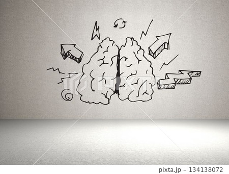 Showing drawn brain splitting into halves on textured wall with sketchy doodles above smooth floor Showing drawn brain splitting into halves on textured wall with sketchy doodles above smooth floor 134138072