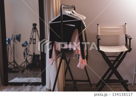 Clothes on rack in studio Clothes on rack in studio 134138117