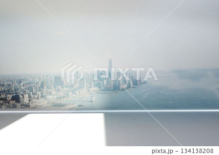 Flat design is showing rooftop with glass railing and reflective floor overlooking skyline and bay Flat design is showing rooftop with glass railing and reflective floor overlooking skyline and bay 134138208