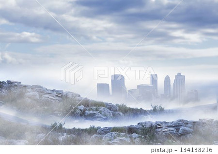 Flat design showing modern high-rise skyline emerging from dense fog on rocky hillside with shrubs Flat design showing modern high-rise skyline emerging from dense fog on rocky hillside with shrubs 134138216
