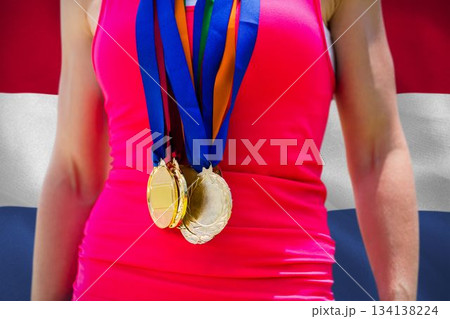 Midsection of medalist against Dutch Flag Midsection of medalist against Dutch Flag 134138224