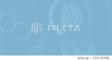 Flat design interface is displaying circular brain icon over translucent hexagon grid and bar chart 134138386