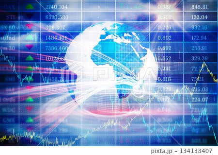 3D globe showing Europe and Africa is hovering over financial UI with light trails, charts 134138407