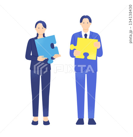 問題解決や連携のイメージ。パズルのピースを持つビジネスマンとビジネスウーマンのイラスト素材。 134138430