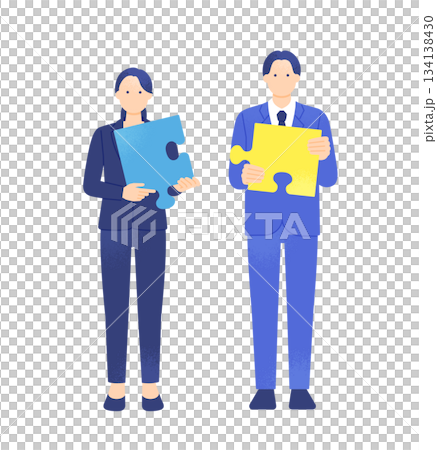 問題解決や連携のイメージ。パズルのピースを持つビジネスマンとビジネスウーマンのイラスト素材。 134138430