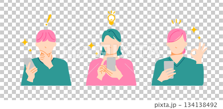 An illustration of three young people with positive expressions holding smartphones in one hand. Flat design. 134138492