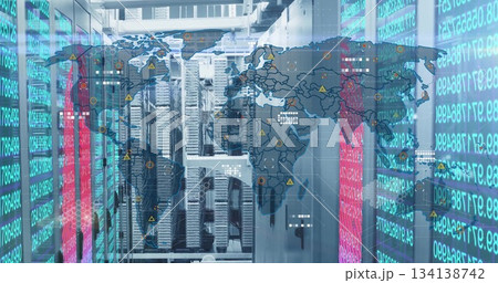 Displaying server racks lighting data center corridor, with world map overlay and code panels Displaying server racks lighting data center corridor, with world map overlay and code panels 134138742